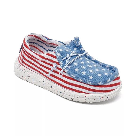 Hey Dude Red White Blue Wally Patriotic Moccasin Flats Shoes Size 6 Youth - Picture 1 of 9